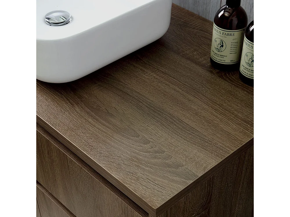 Meuble De Salle De Bain Suspendu 90Cm Noyer Foncé, Lavabo D'appui, Miroir | Siena