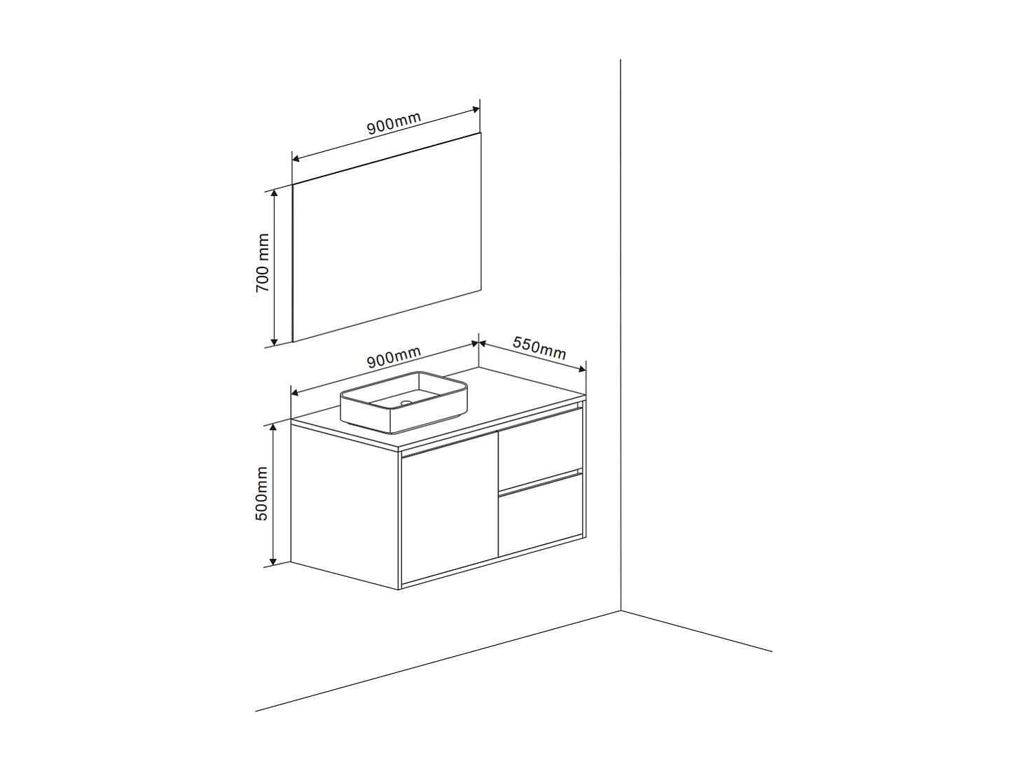 Meuble De Salle De Bain Suspendu 90Cm Noyer Foncé, Lavabo D'appui, Miroir | Siena