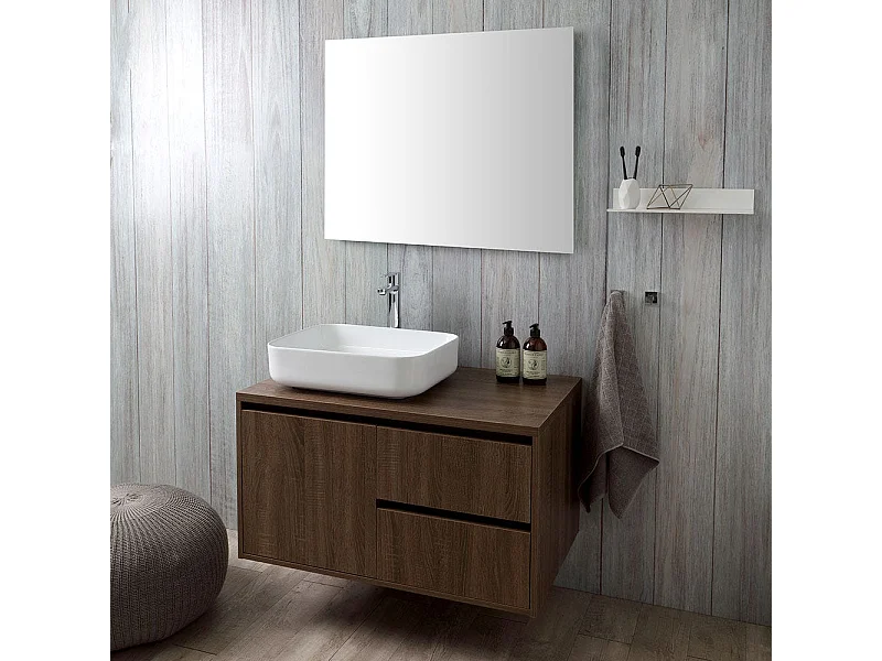 Meuble De Salle De Bain Suspendu 90Cm Noyer Foncé, Lavabo D'appui, Miroir | Siena