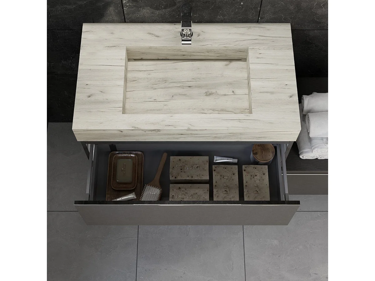 Meuble De Salle De Bain Mural De 120 Cm Avec Tiroirs Gris Foncé Et Lavabo Hpl | Diamante