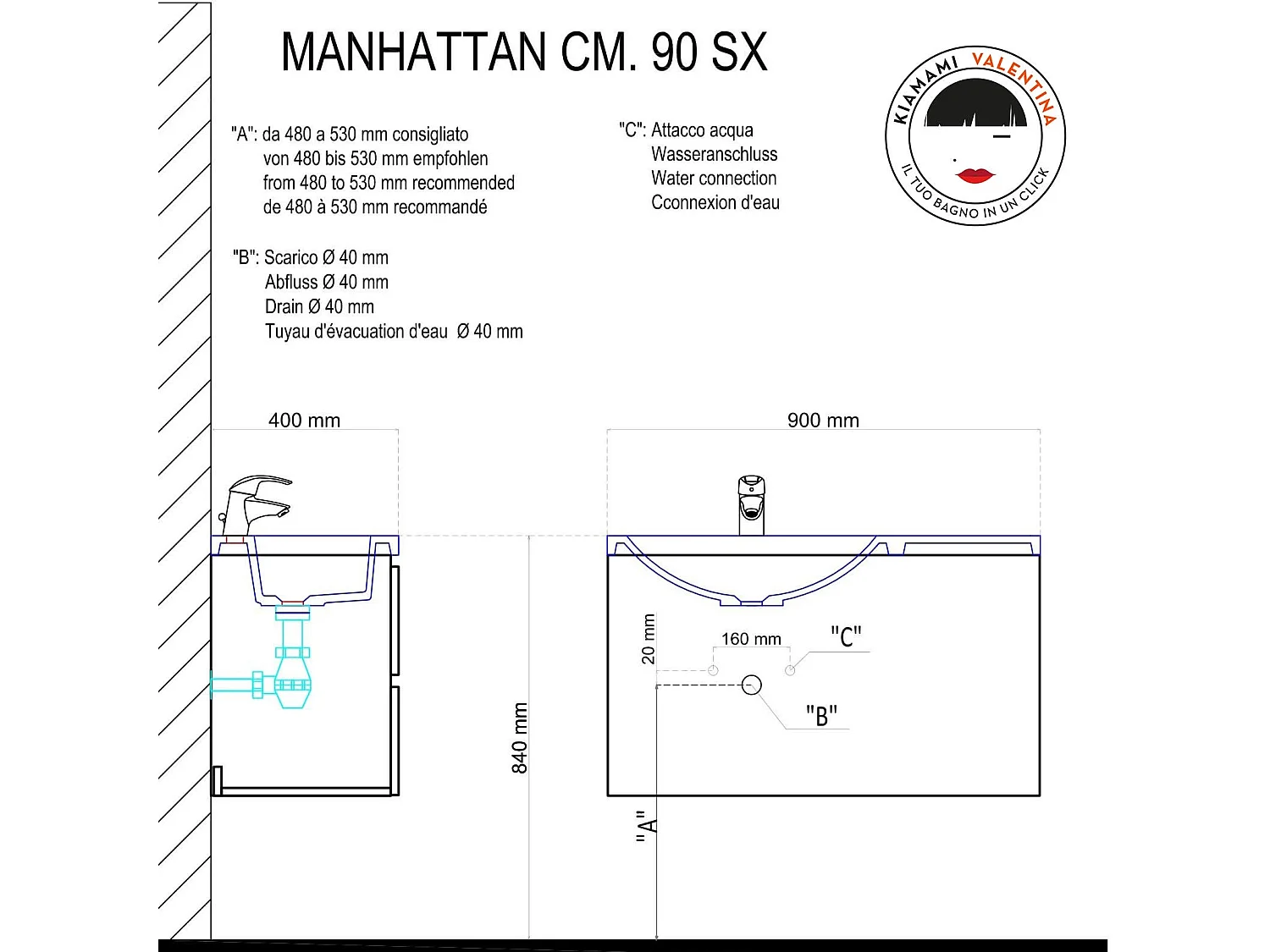 Meuble De Salle De Bains 90X40 Cm Avec Tiroirs Et Armoire Murale Gauche | Manhattan