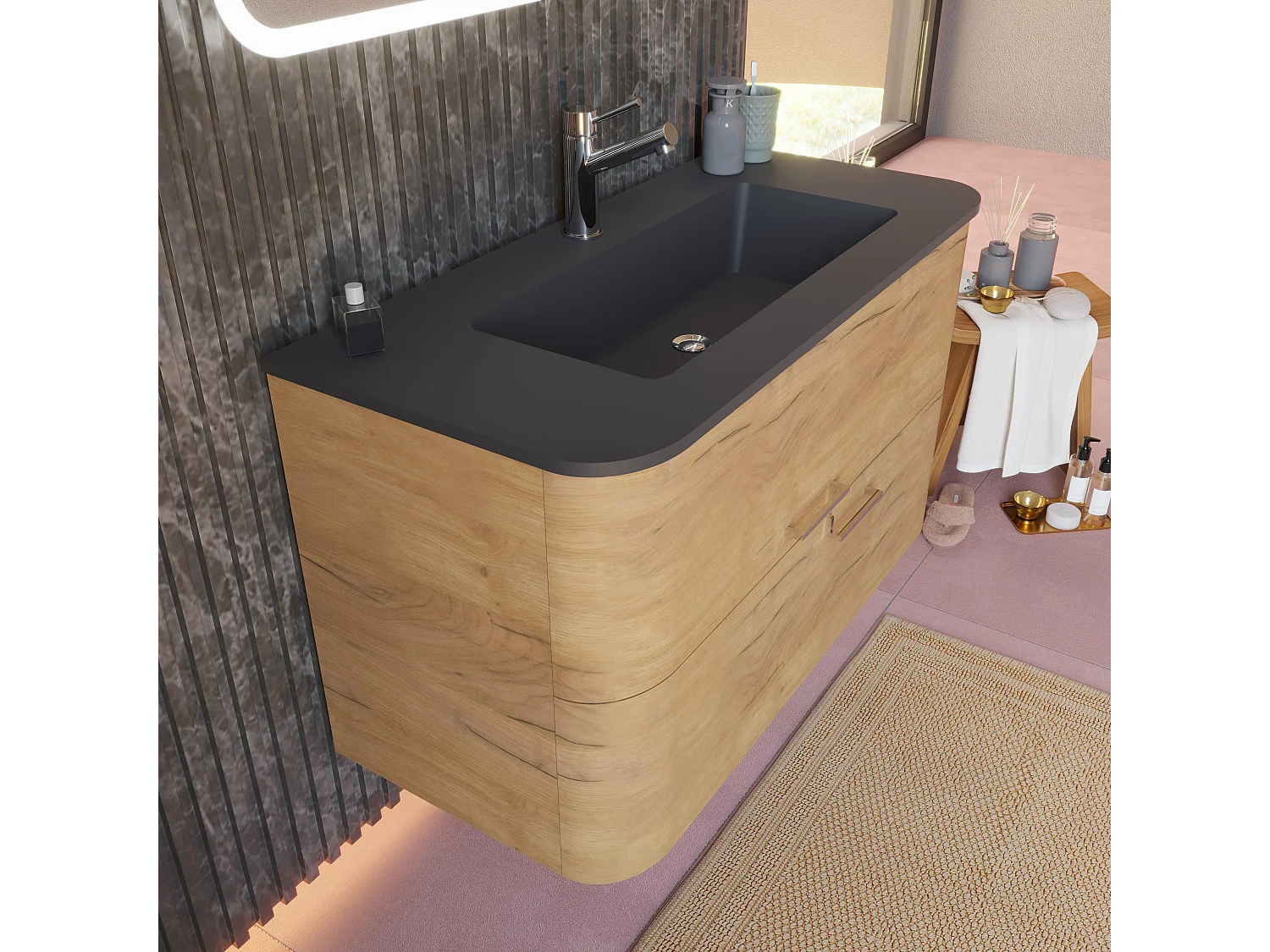 Meuble De Salle De Bains Mural 100Cm Chêne Miel, Lavabo Et Miroir Noirs | Hollywood