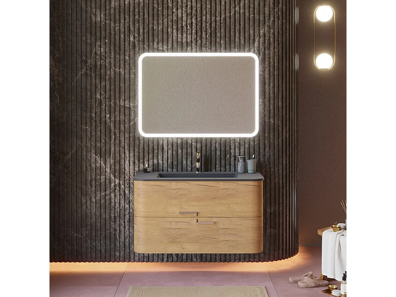 Meuble De Salle De Bains Mural 100Cm Chêne Miel, Lavabo Et Miroir Noirs | Hollywood