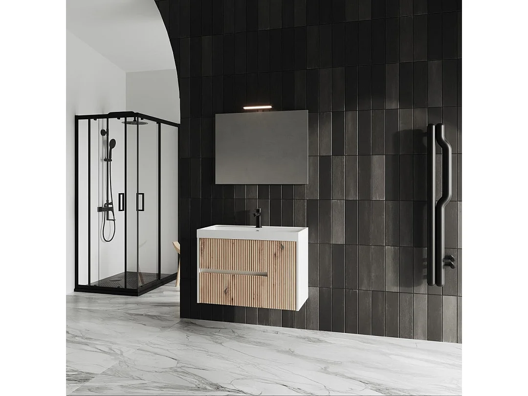 Mobilier De Salle De Bain 80 Cm En Chêne Doré Cannelé Avec Miroir | Cortina