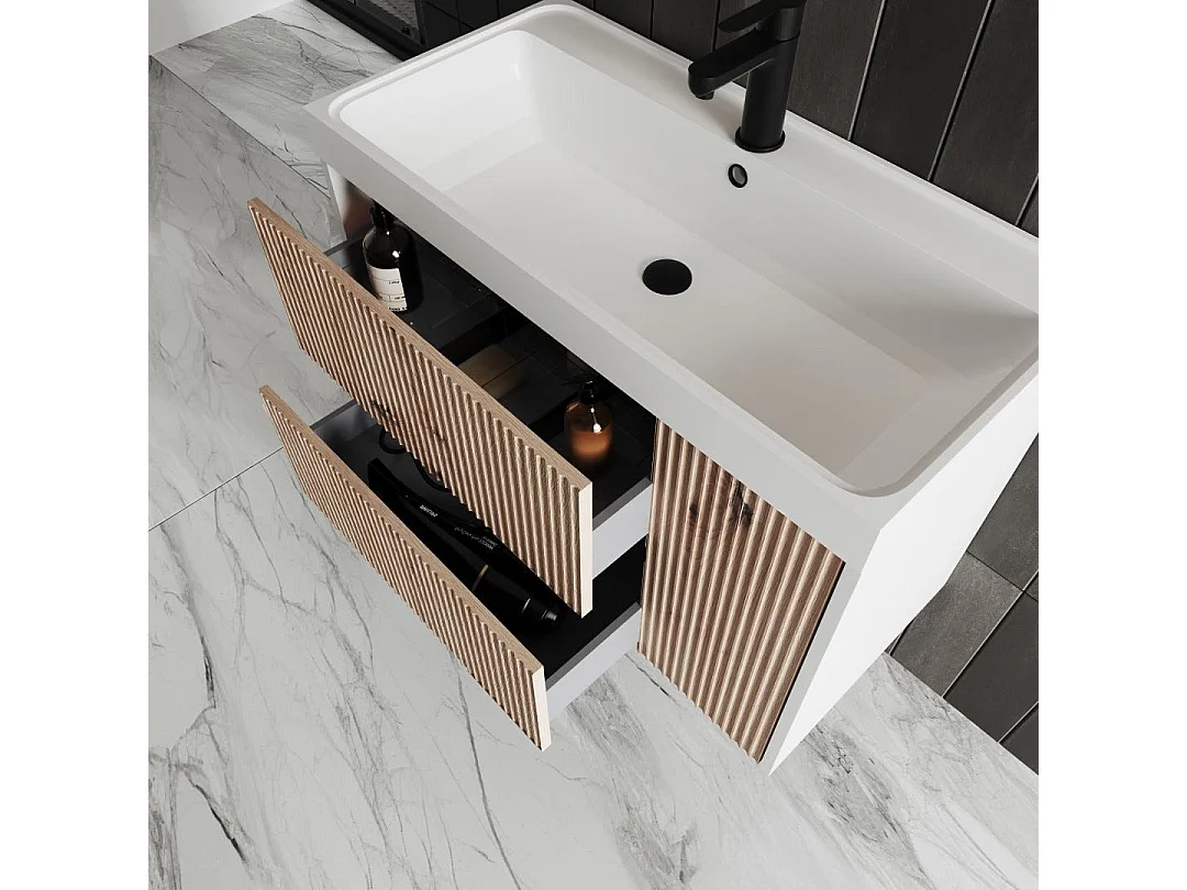 Mobilier De Salle De Bain 80 Cm En Chêne Doré Cannelé Avec Miroir | Cortina