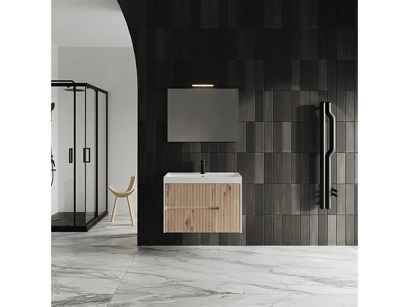 Mobilier De Salle De Bain 80 Cm En Chêne Doré Cannelé Avec Miroir | Cortina