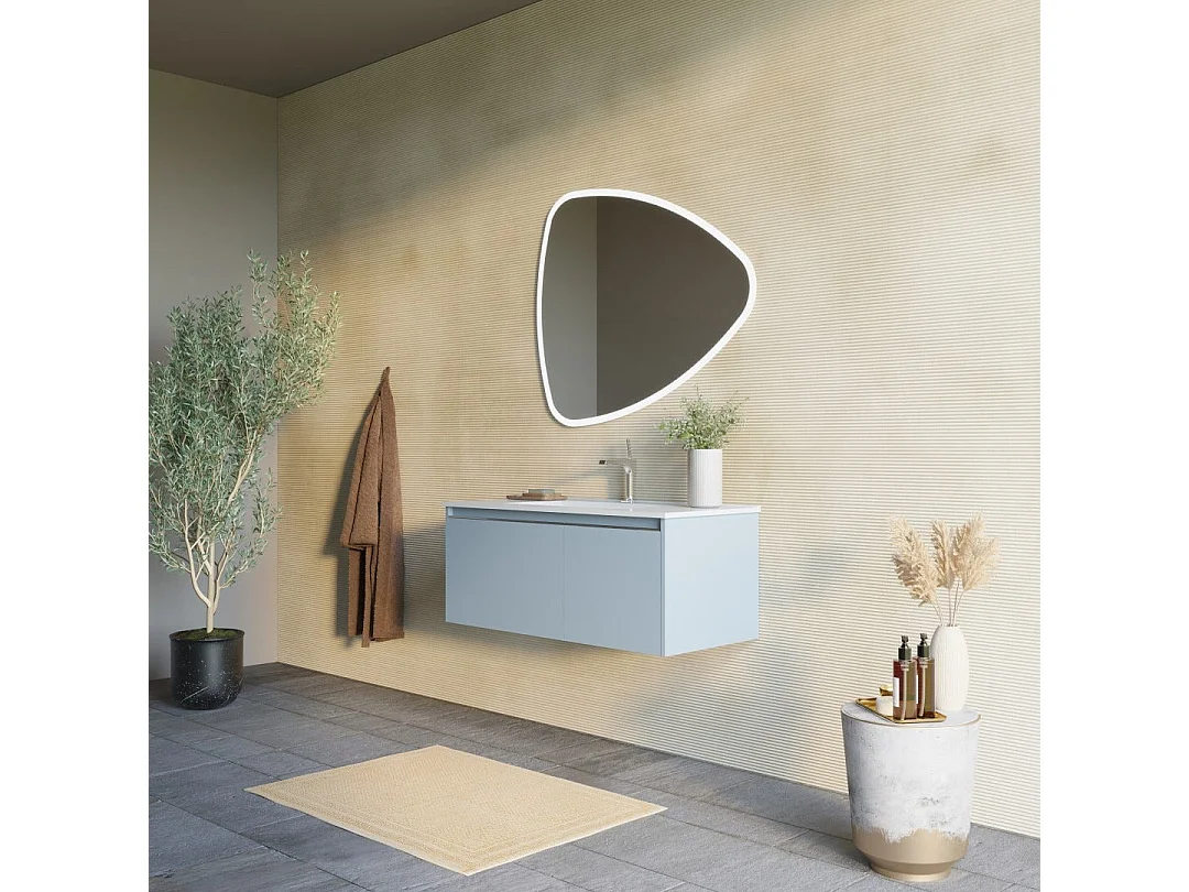 Armoire De Toilette Murale Avec Lavabo De 100 Cm Bleu Mat, Miroir À Led | Monaco
