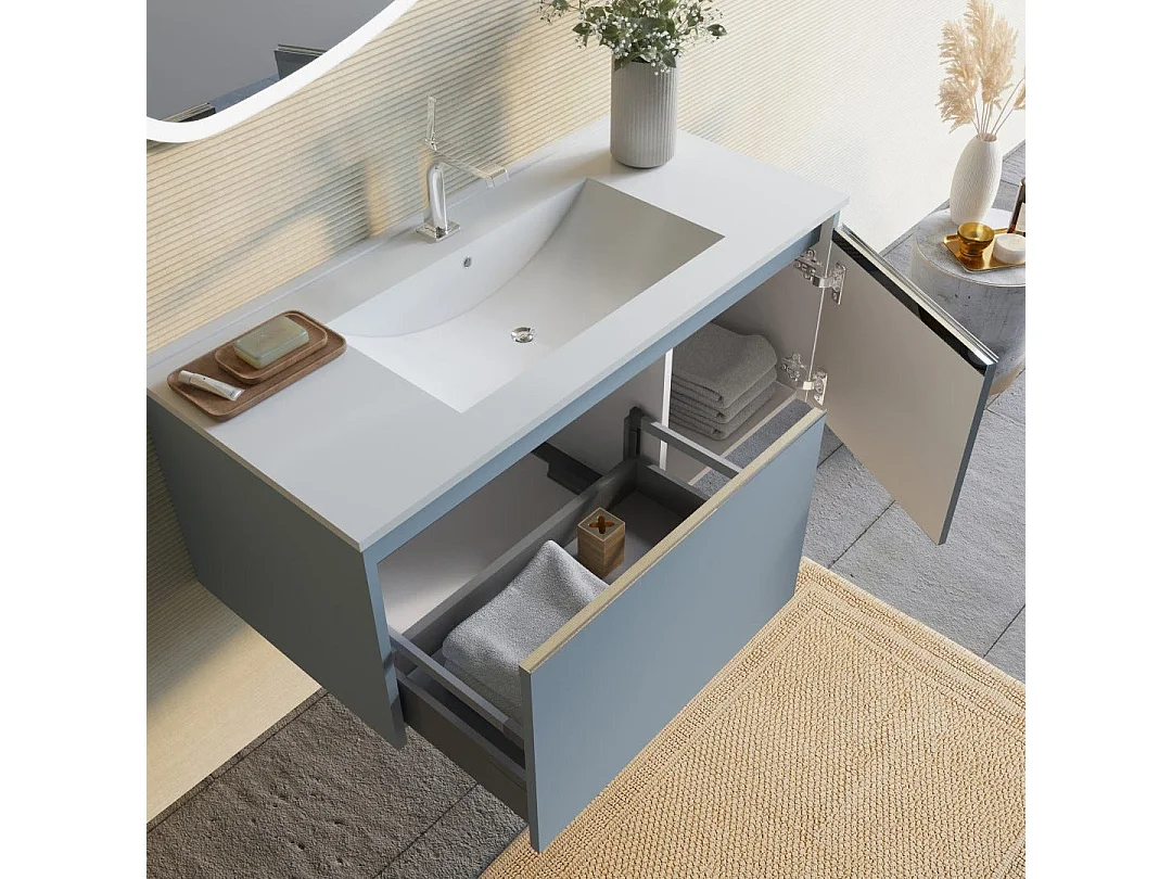 Armoire De Toilette Murale Avec Lavabo De 100 Cm Bleu Mat, Miroir À Led | Monaco
