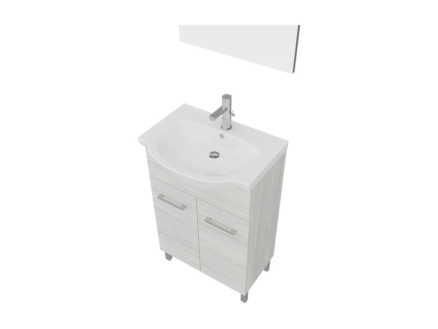 Meuble De Salle De Bains Sur Pied 55Cm 2 Portes Chêne Gris, Lavabo Et Miroir | Rimini