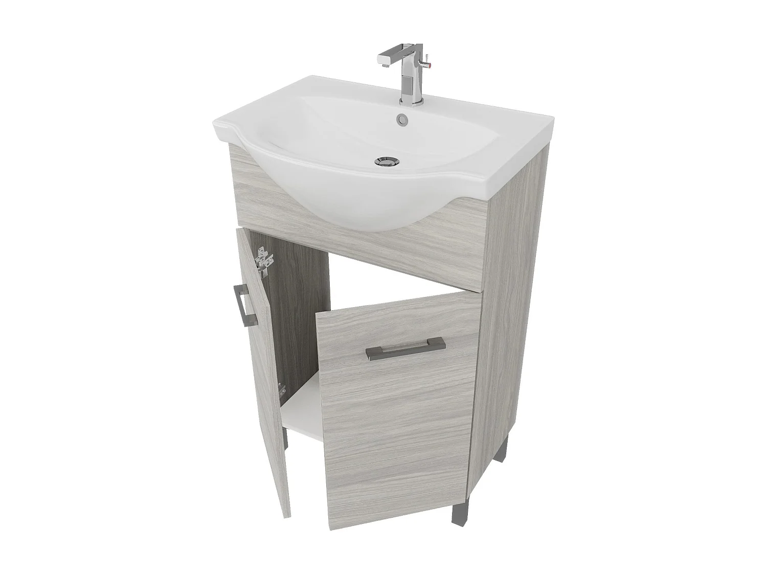 Meuble De Salle De Bains Sur Pied 55Cm 2 Portes Chêne Gris, Lavabo Et Miroir | Rimini