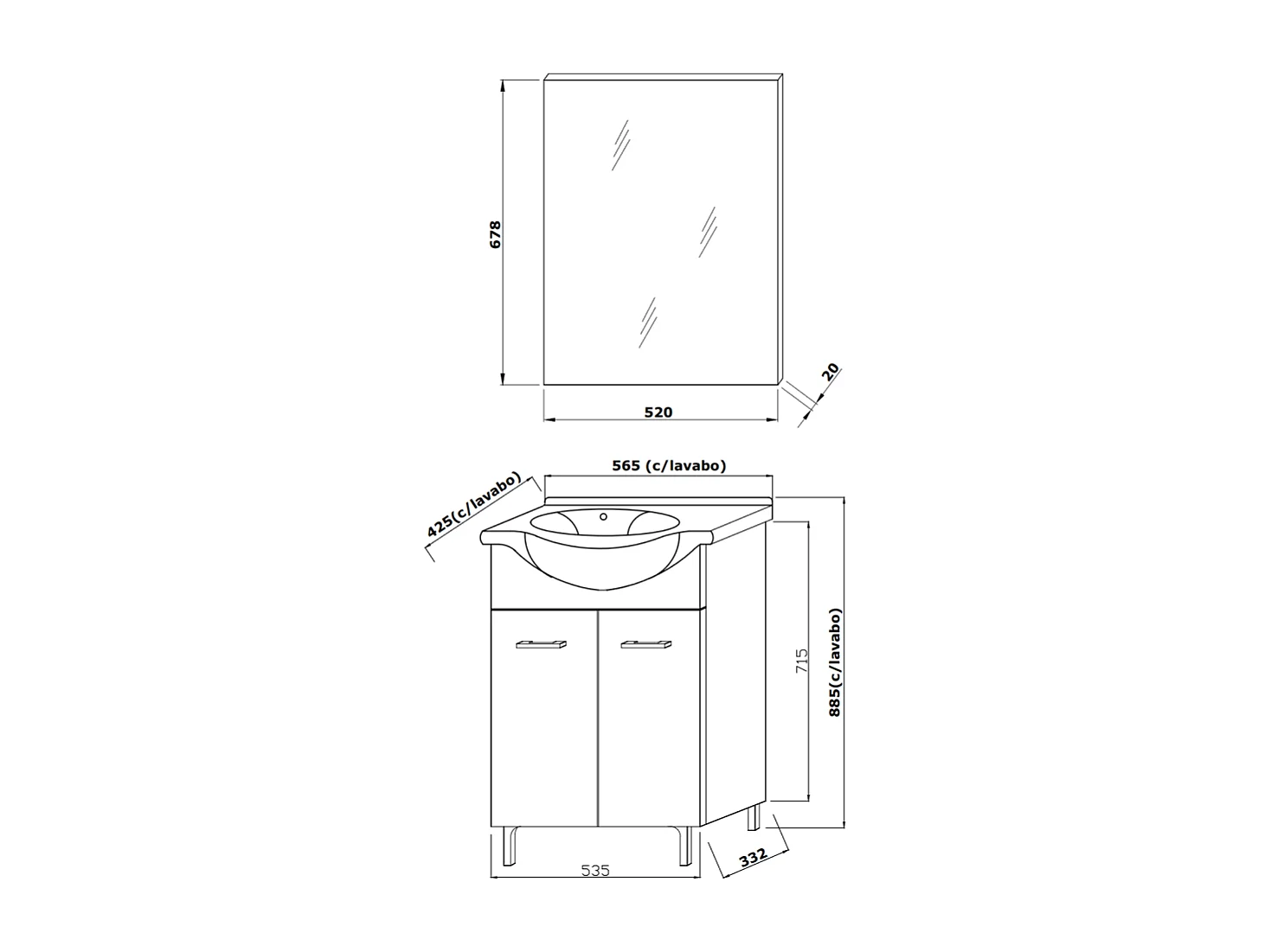Meuble De Salle De Bains Sur Pied 55Cm 2 Portes Chêne Gris, Lavabo Et Miroir | Rimini