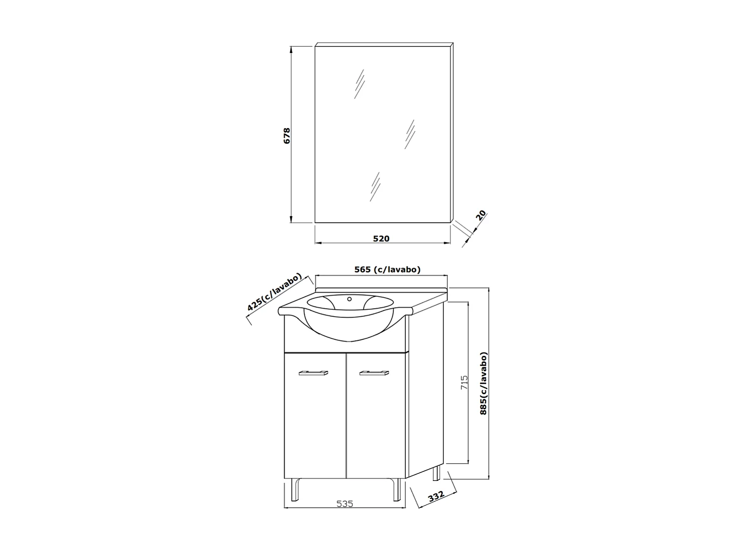 Meuble De Salle De Bains Sur Pied 55Cm 2 Portes Chêne Gris, Lavabo Et Miroir | Rimini