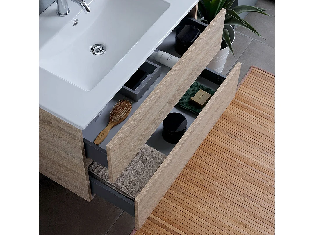 60Cm Armoire De Salle De Bain 2 Tiroirs Effet Bois Miroir Avec Lampe | Berlin