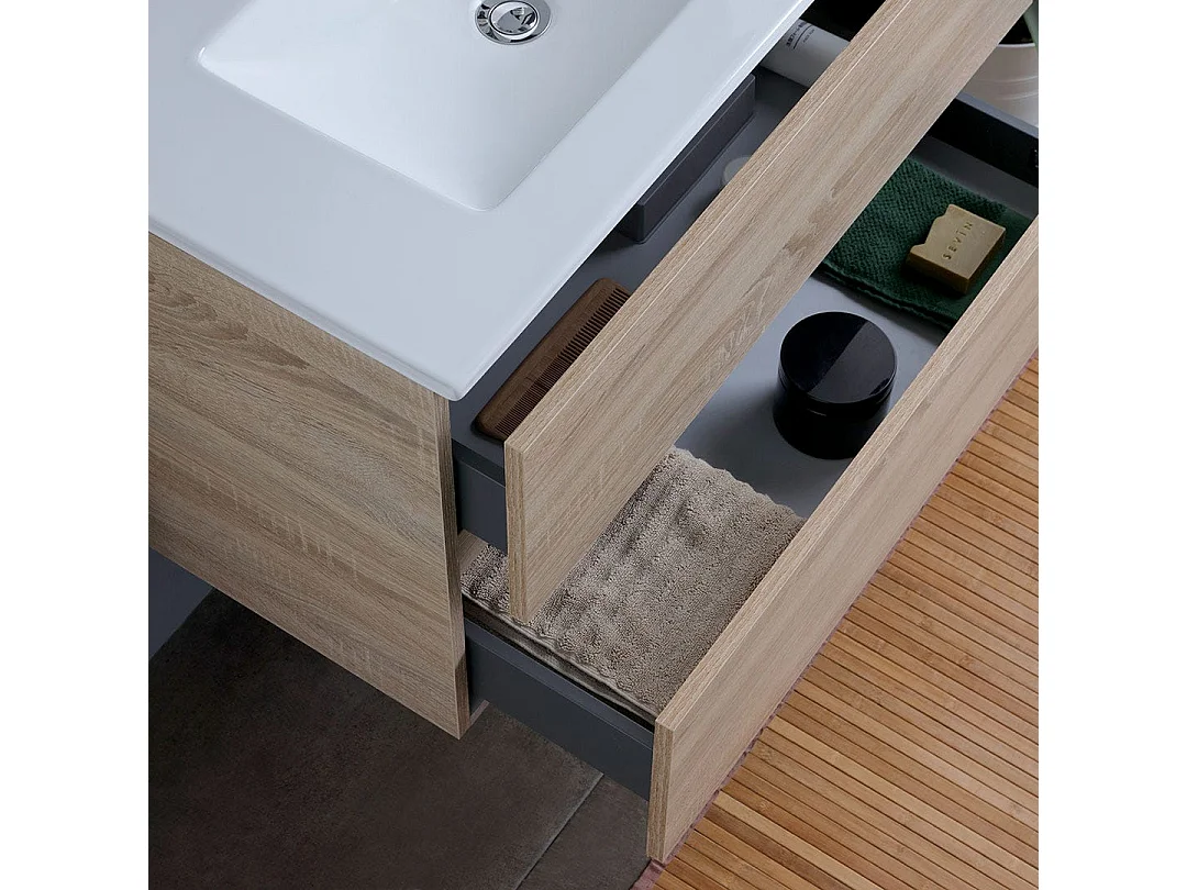 60Cm Armoire De Salle De Bain 2 Tiroirs Effet Bois Miroir Avec Lampe | Berlin