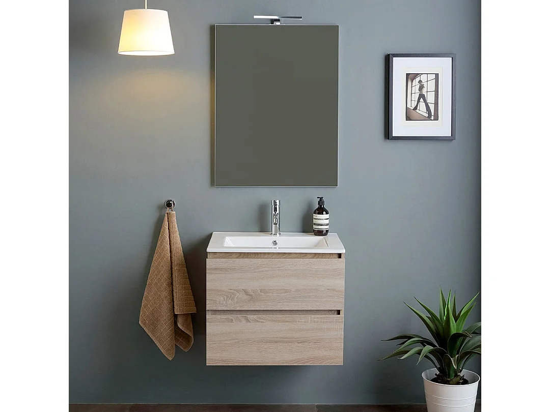 60Cm Armoire De Salle De Bain 2 Tiroirs Effet Bois Miroir Avec Lampe | Berlin