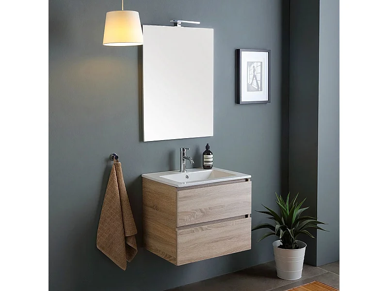60Cm Armoire De Salle De Bain 2 Tiroirs Effet Bois Miroir Avec Lampe | Berlin