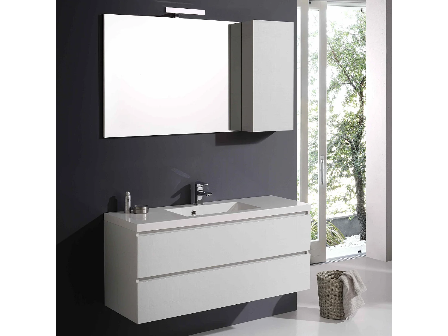 Meuble De Salle De Bains Avec Tiroirs 120 Cm En Bois Blanchi Miroir Avec Armoire Murale