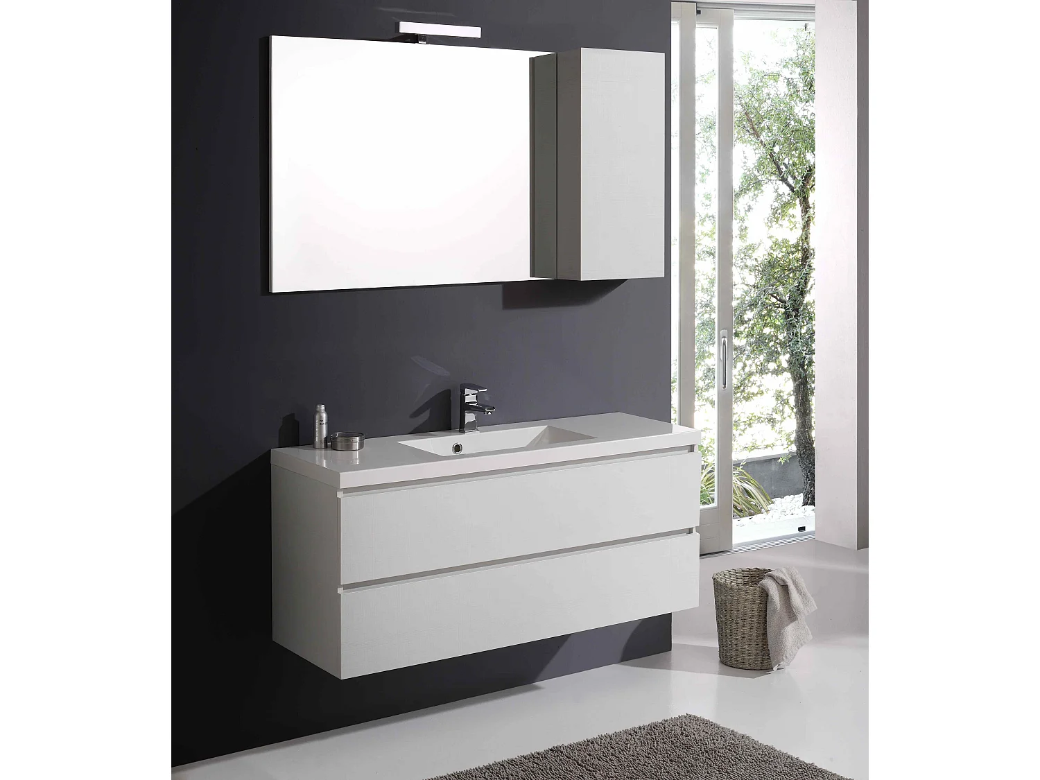 Meuble De Salle De Bains Avec Tiroirs 120 Cm En Bois Blanchi Miroir Avec Armoire Murale