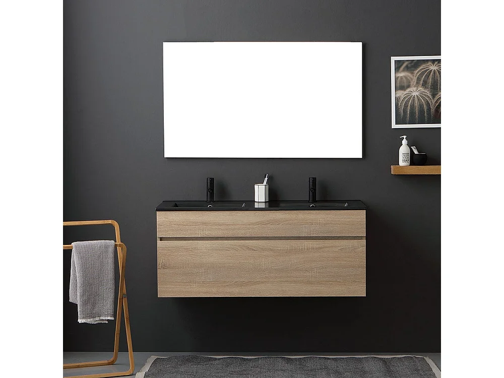 Meuble De Salle De Bain 120Cm En Chêne Well Avec Double Lavabo En Noir Mat | Sole