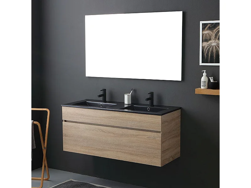 Meuble De Salle De Bain 120Cm En Chêne Well Avec Double Lavabo En Noir Mat | Sole