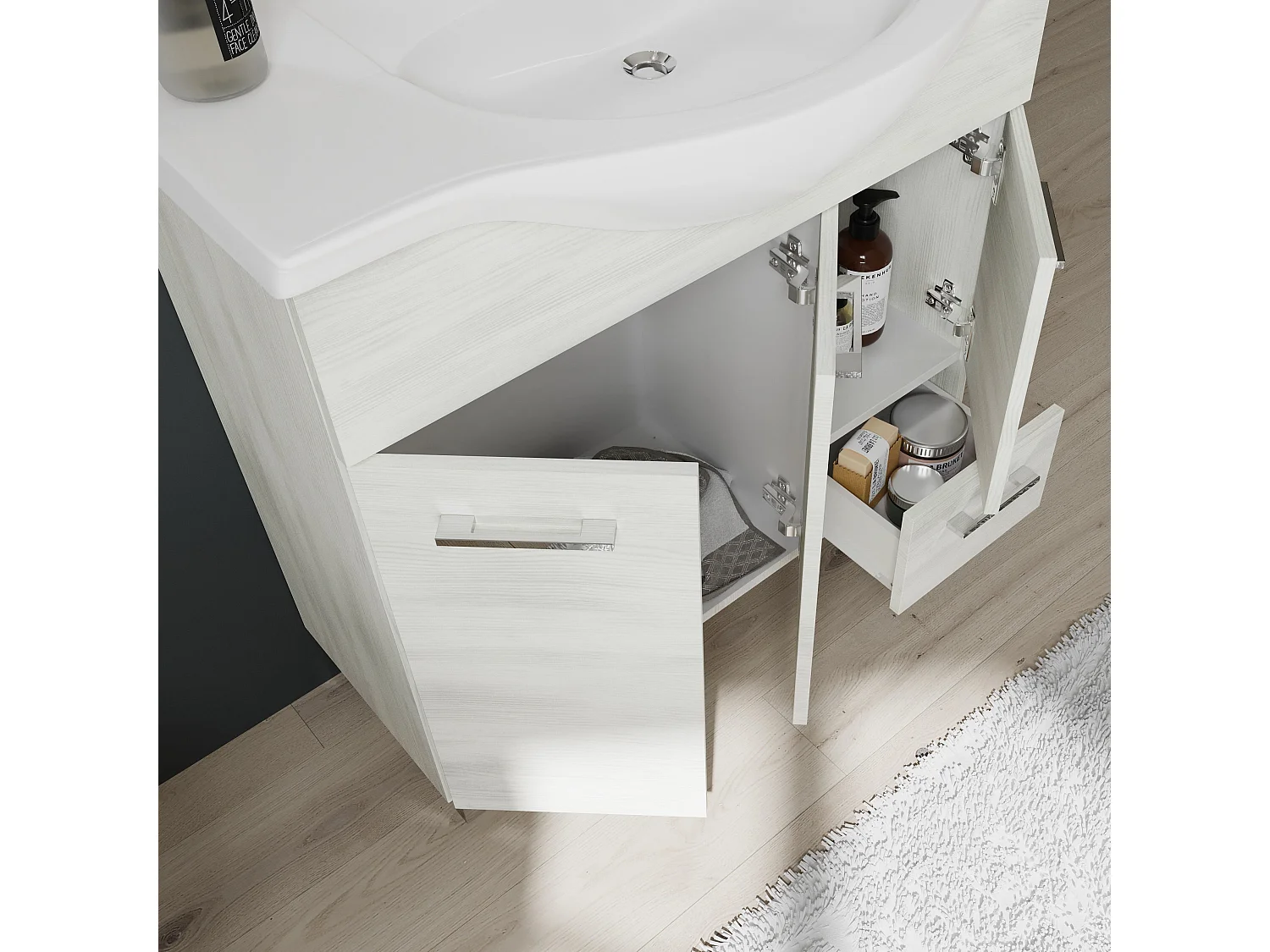 Meuble De Salle De Bain Sur Pieds Cm85 Avec Portes Et Tiroirs Chêne Blanc | Rimini