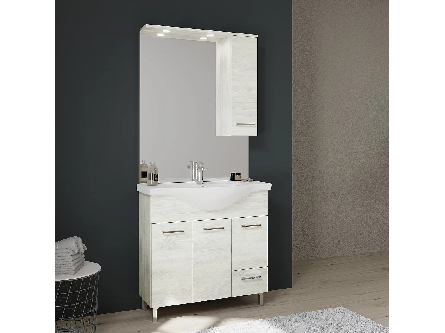 Meuble De Salle De Bain Sur Pieds Cm85 Avec Portes Et Tiroirs Chêne Blanc | Rimini