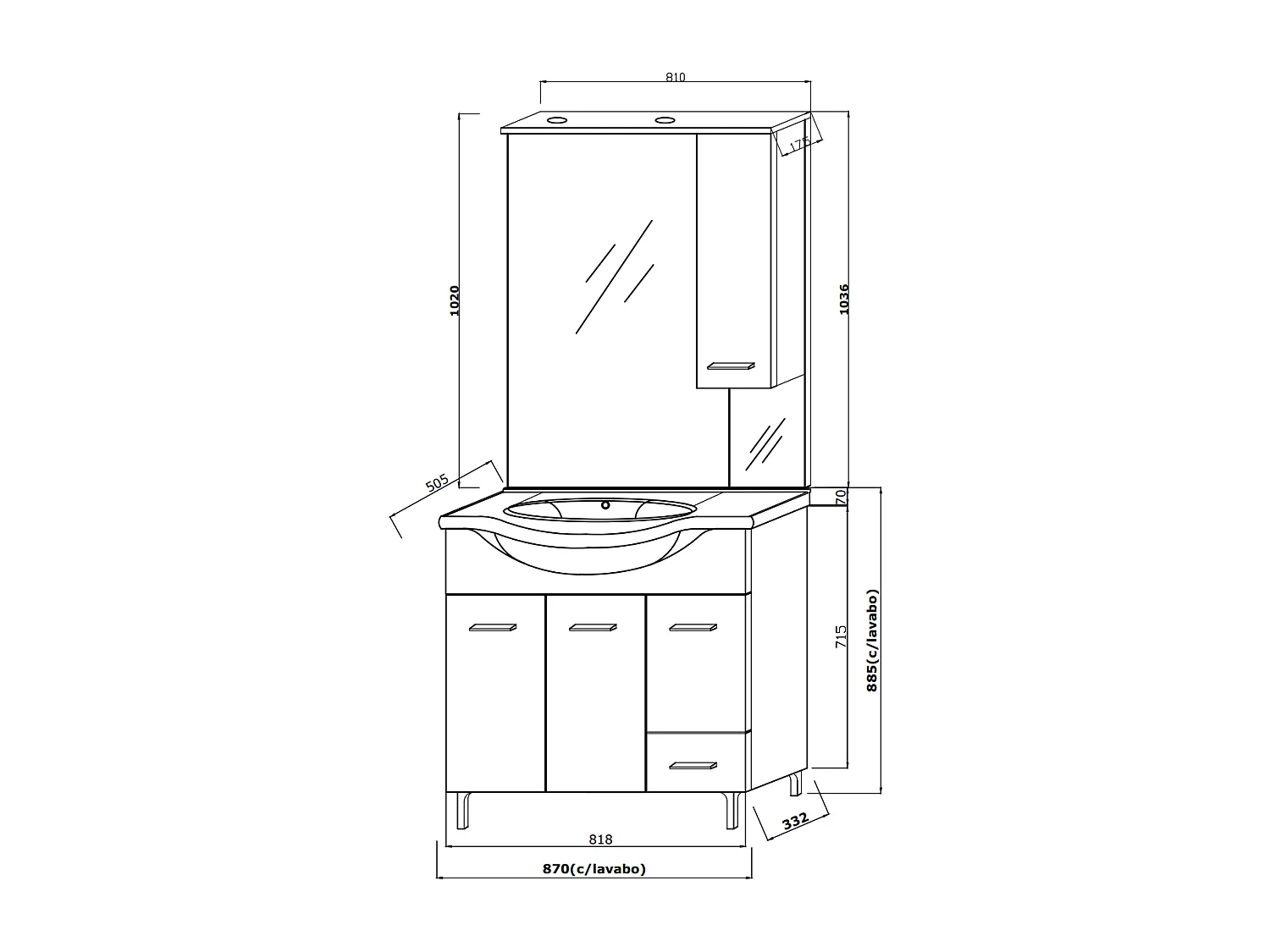 Meuble De Salle De Bain Sur Pieds Cm85 Avec Portes Et Tiroirs Chêne Blanc | Rimini