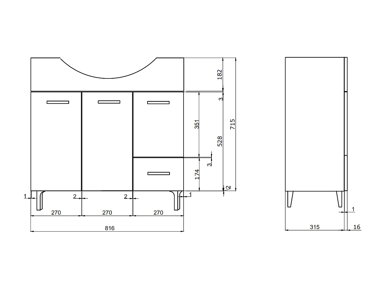 Meuble De Salle De Bain Sur Pieds Cm85 Avec Portes Et Tiroirs Chêne Blanc | Rimini