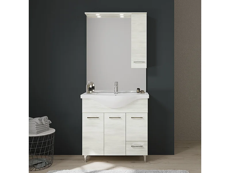 Meuble De Salle De Bain Sur Pieds Cm85 Avec Portes Et Tiroirs Chêne Blanc | Rimini