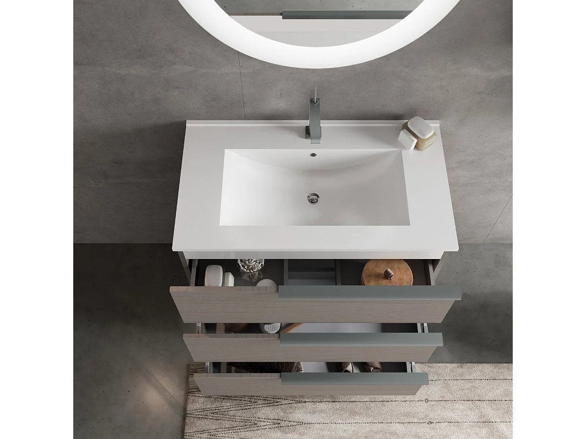 Meuble De Salle De Bain Sur Pied 80Cm Gris Cendre, Miroir Rond Led  | New York