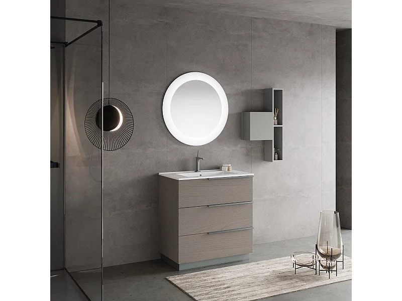 Meuble De Salle De Bain Sur Pied 80Cm Gris Cendre, Miroir Rond Led  | New York