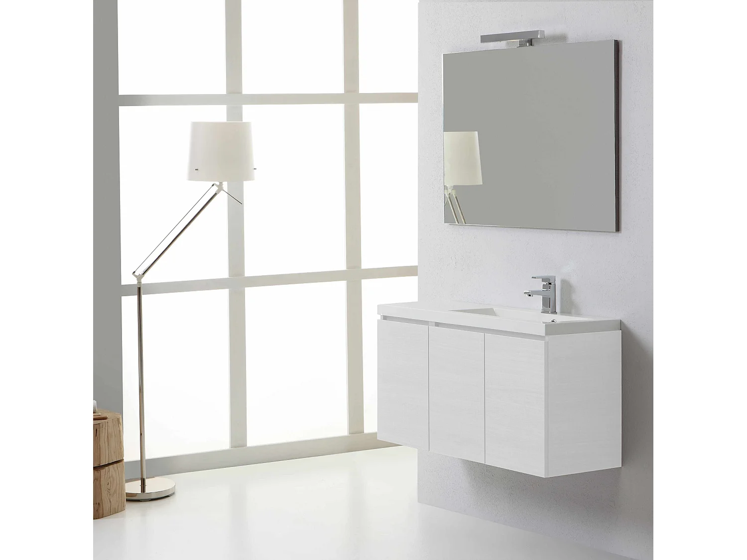 Meuble Pour Salle De Bains Moderne Trois Portes Droite 90 Cm Bois Blanchi