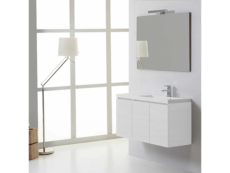 Meuble Pour Salle De Bains Moderne Trois Portes Droite 90 Cm Bois Blanchi