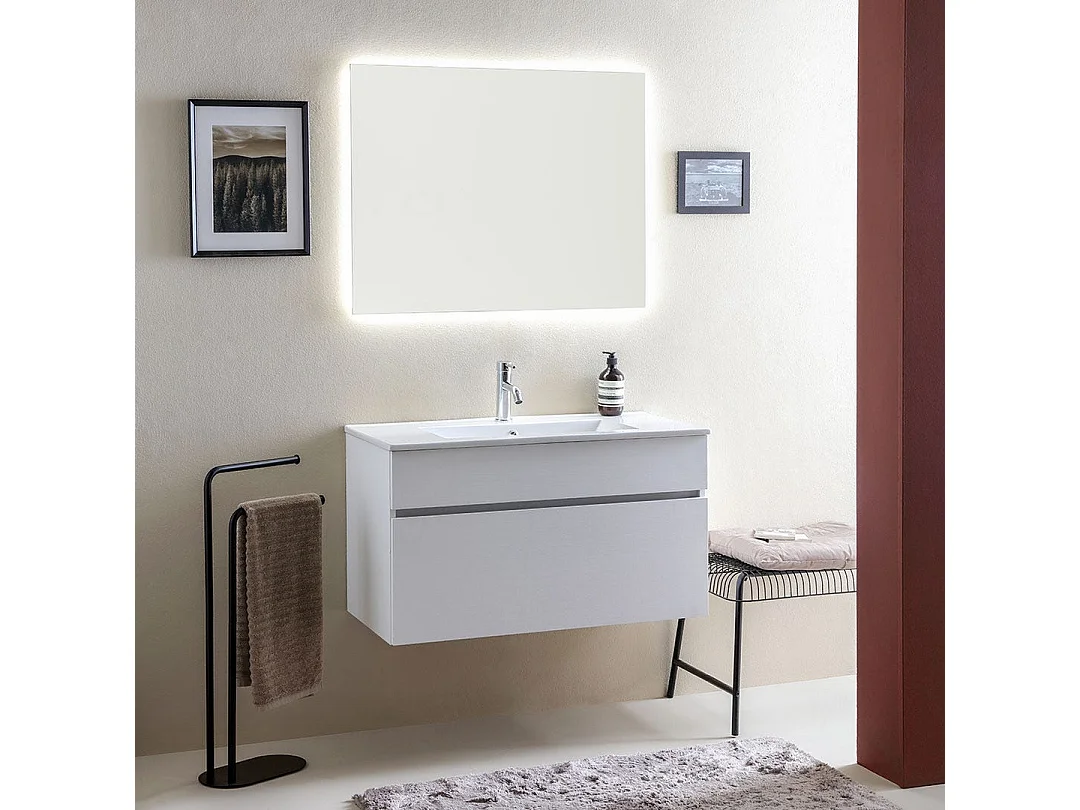 Meubles De Salle De Bains Suspendus Cm90 Blanc Effet Bois Et Miroir Rétro-Éclairé | Sole