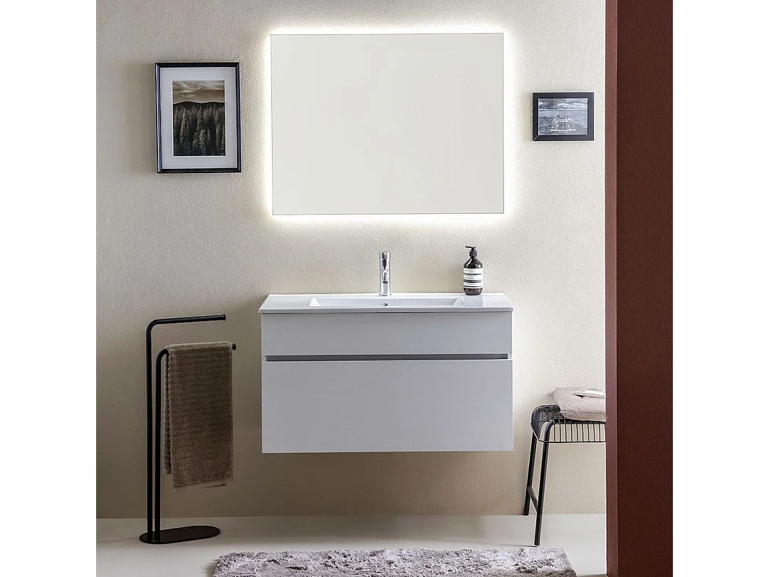 Meubles De Salle De Bains Suspendus Cm90 Blanc Effet Bois Et Miroir Rétro-Éclairé | Sole