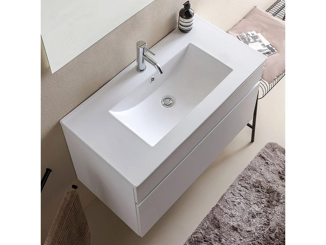 Meubles De Salle De Bains Suspendus Cm90 Blanc Effet Bois Et Miroir Rétro-Éclairé | Sole