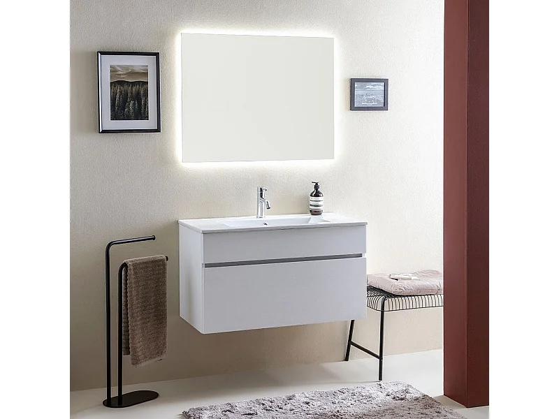 Meubles De Salle De Bains Suspendus Cm90 Blanc Effet Bois Et Miroir Rétro-Éclairé | Sole