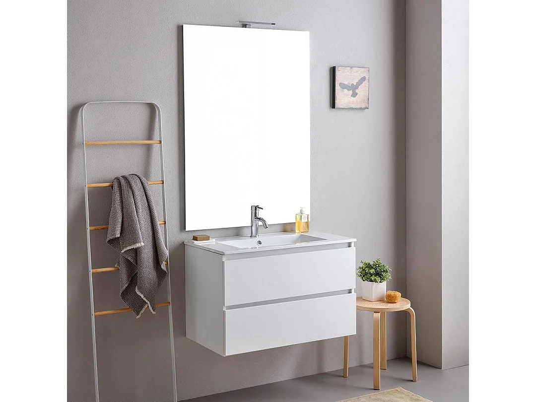 Meuble De Salle De Bains Suspendu 80Cm 2 Tiroirs Blanc Avec Miroir 80X110 | Bilbao