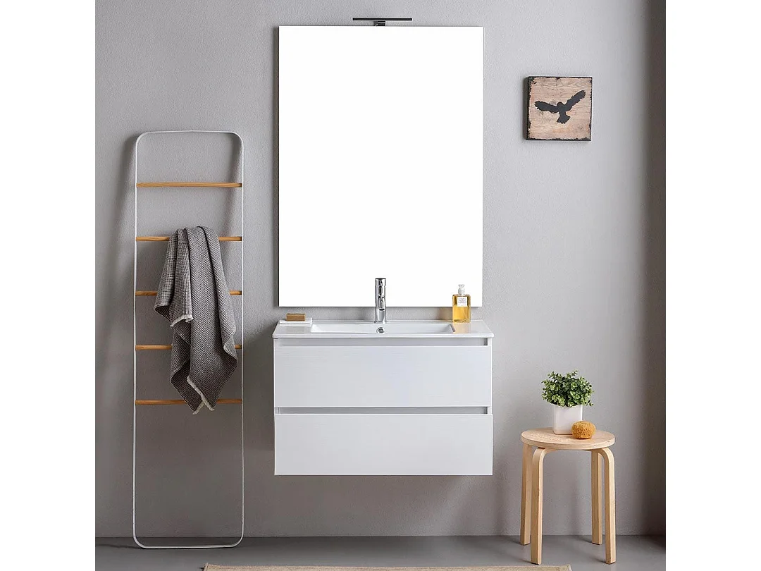 Meuble De Salle De Bains Suspendu 80Cm 2 Tiroirs Blanc Avec Miroir 80X110 | Bilbao