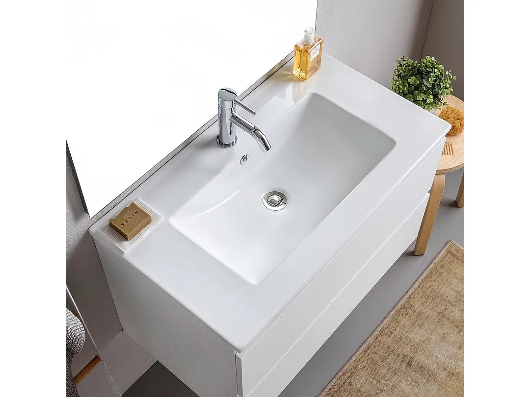 Meuble De Salle De Bains Suspendu 80Cm 2 Tiroirs Blanc Avec Miroir 80X110 | Bilbao