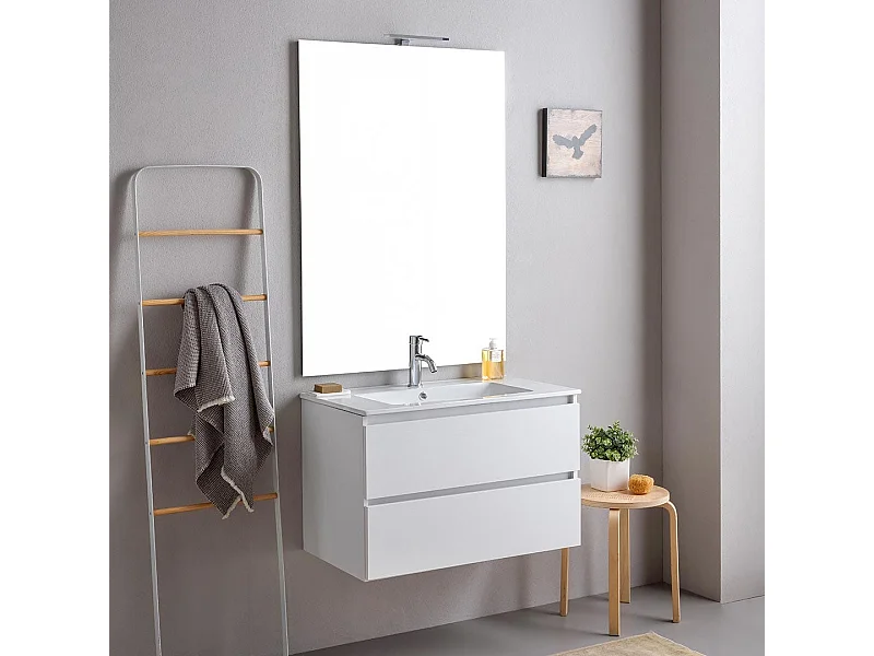 Meuble De Salle De Bains Suspendu 80Cm 2 Tiroirs Blanc Avec Miroir 80X110 | Bilbao