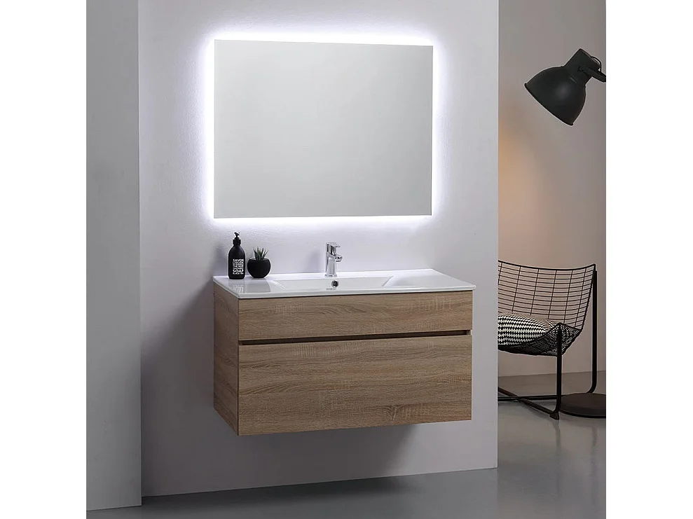 Armoire De Salle De Bains Murale Moderne 90Cm Puits En Chêne Avec Miroir | Sole