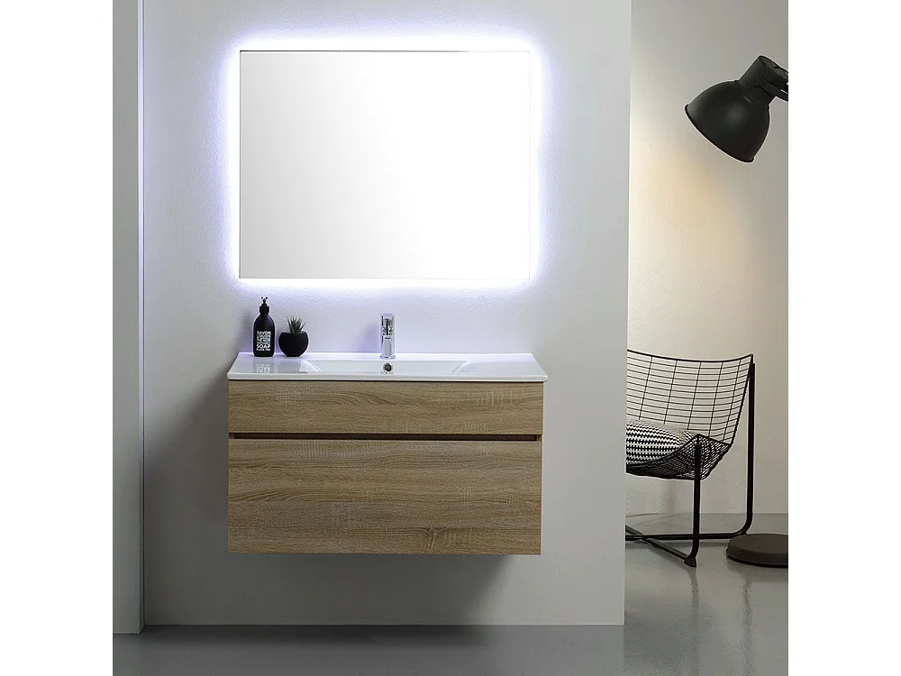 Armoire De Salle De Bains Murale Moderne 90Cm Puits En Chêne Avec Miroir | Sole