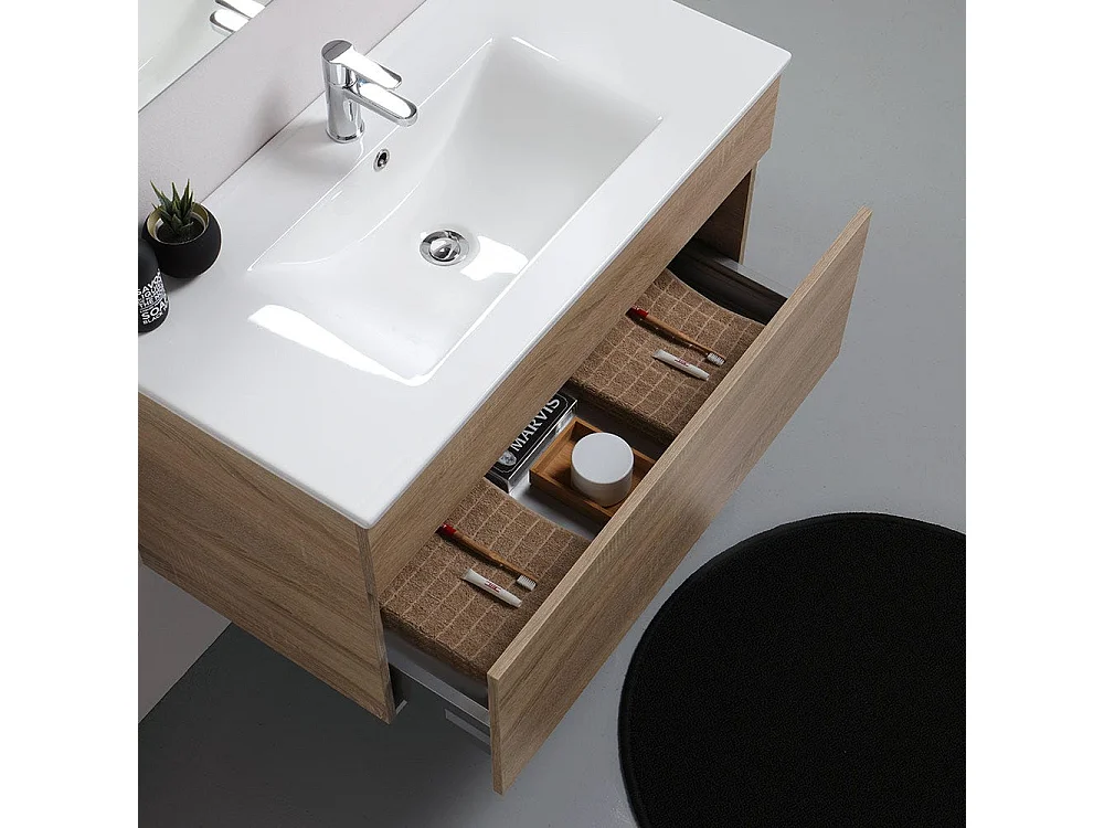 Armoire De Salle De Bains Murale Moderne 90Cm Puits En Chêne Avec Miroir | Sole