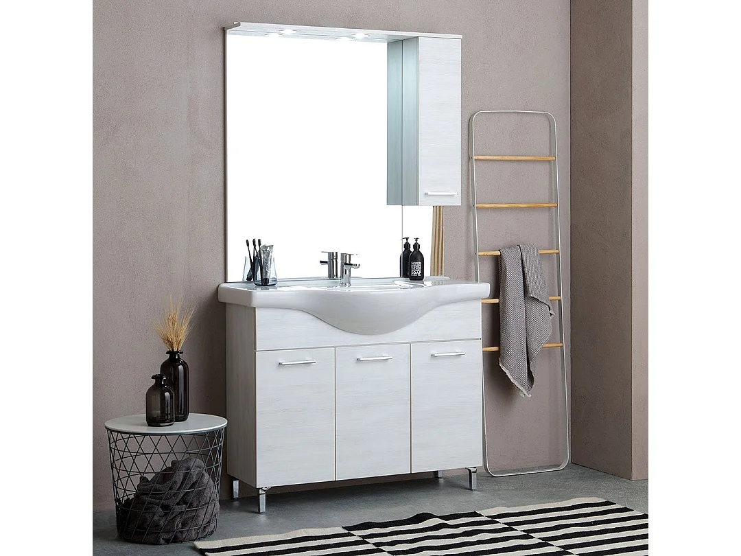 Meuble De Salle De Bains Au Sol 105Cm Avec 3 Portes Chêne Blanc | Rimini