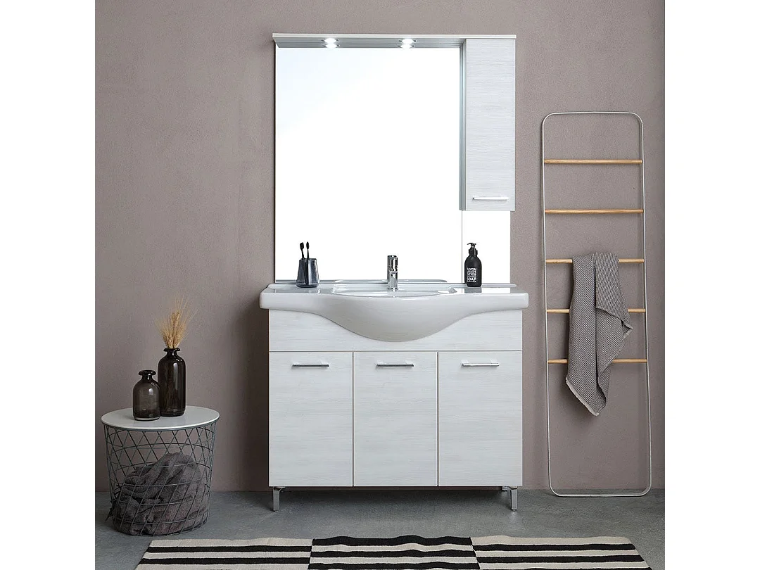 Meuble De Salle De Bains Au Sol 105Cm Avec 3 Portes Chêne Blanc | Rimini