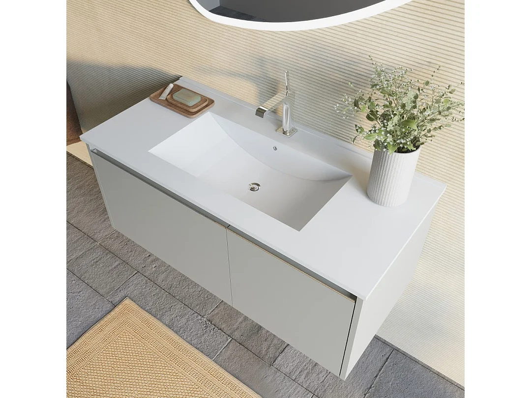Meuble De Salle De Bain 100Cm Sable Mat, Lavabo, Miroir À Poser 100X85 | Monaco