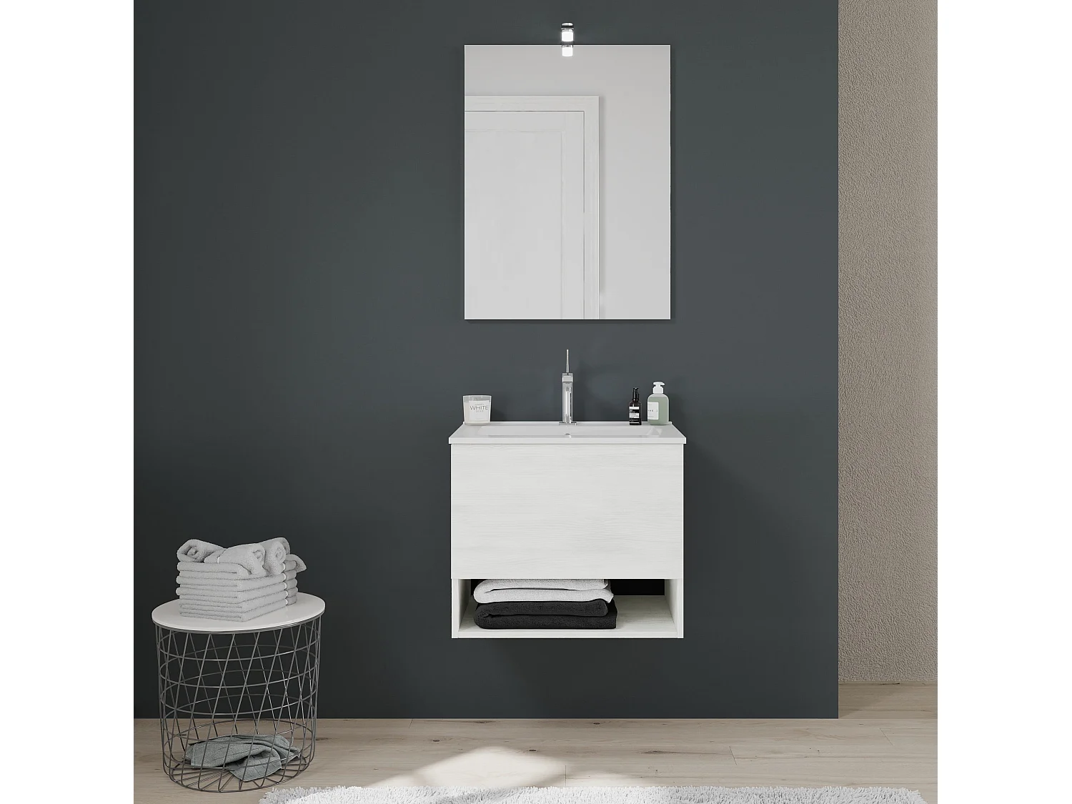 Meuble De Salle De Bain Suspendu De 60Cm, Tiroir, Compartiment Ouvert Blanc | Venezia