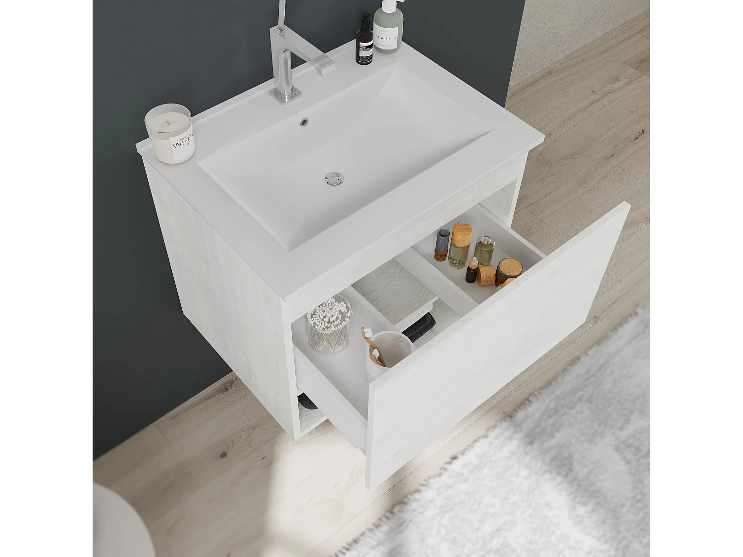 Meuble De Salle De Bain Suspendu De 60Cm, Tiroir, Compartiment Ouvert Blanc | Venezia