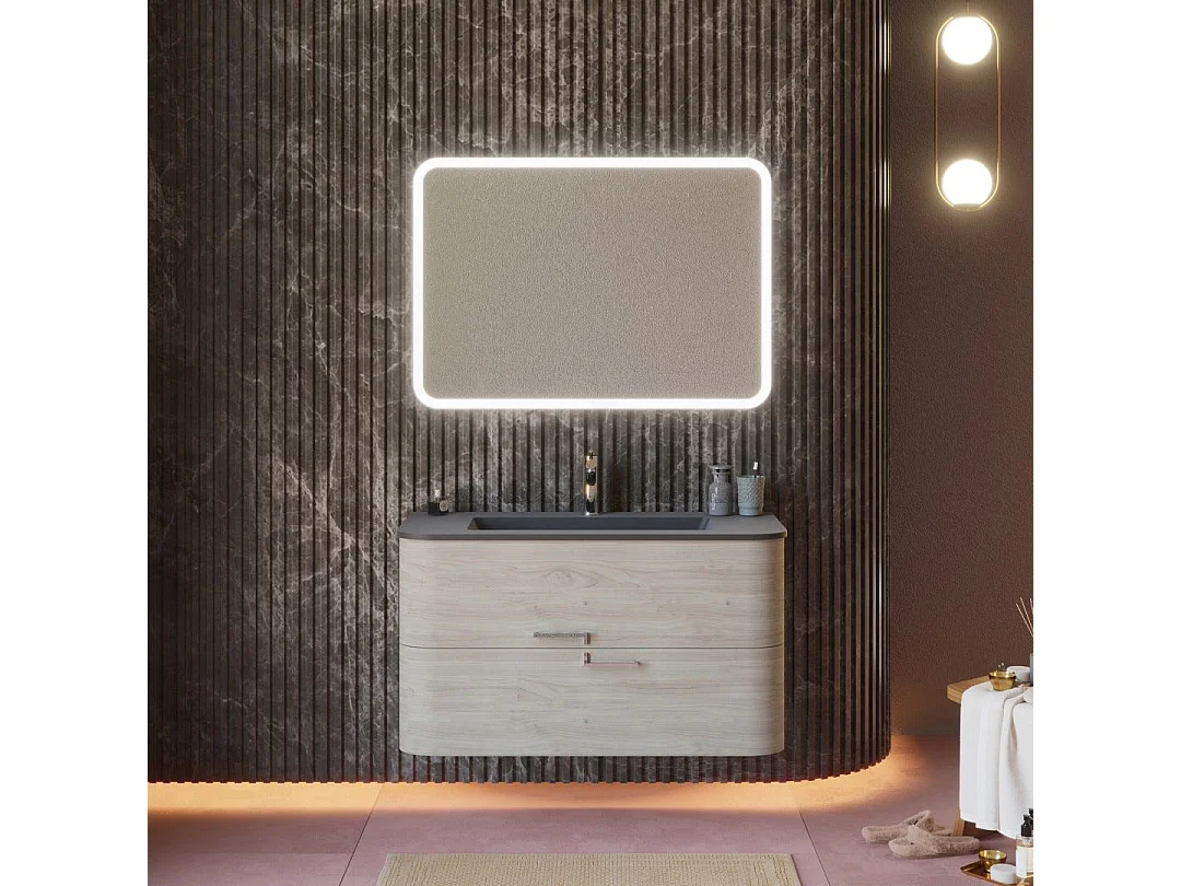 Armoire De Toilette Murale 100 Cm Chêne Arctique Noir Résine Lavabo | Hollywood